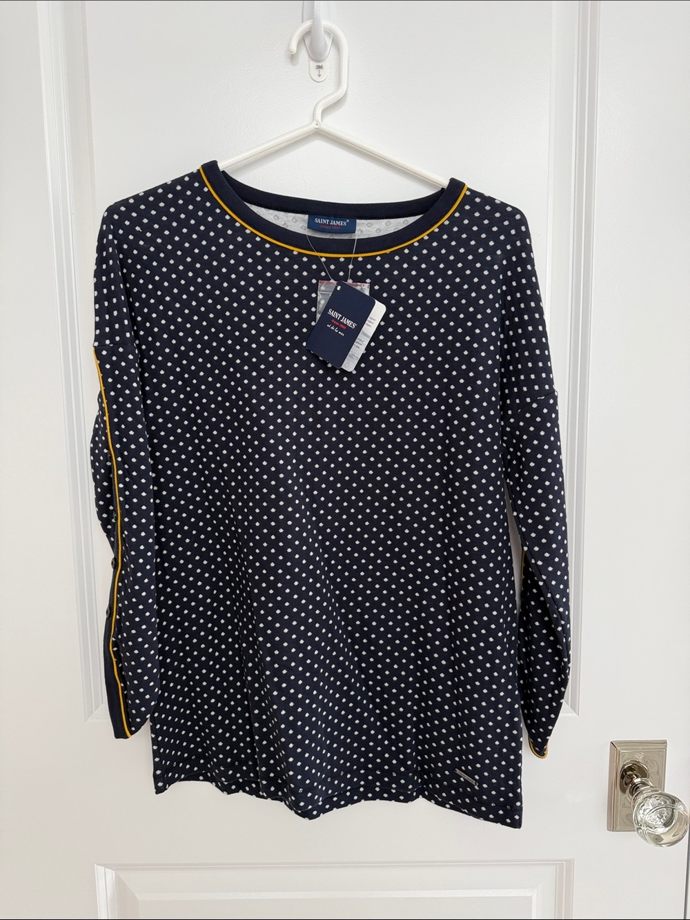 Saint James Navy Polka-Dot Long Sleeve Top with Yellow Piping